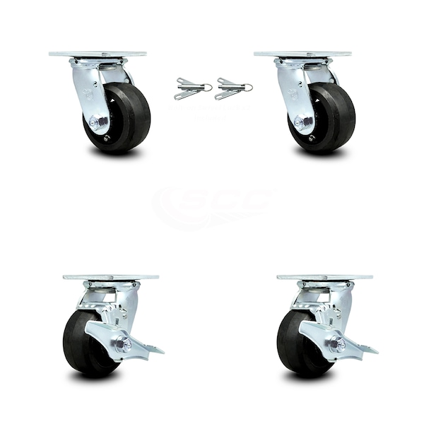 4 Inch Rubber on Aluminum Caster Set with Ball Bearings 2 Swivel Lock 2 Brake